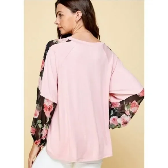 Pink Top With Floral Chiffon Sleeves - Picture 4 of 4